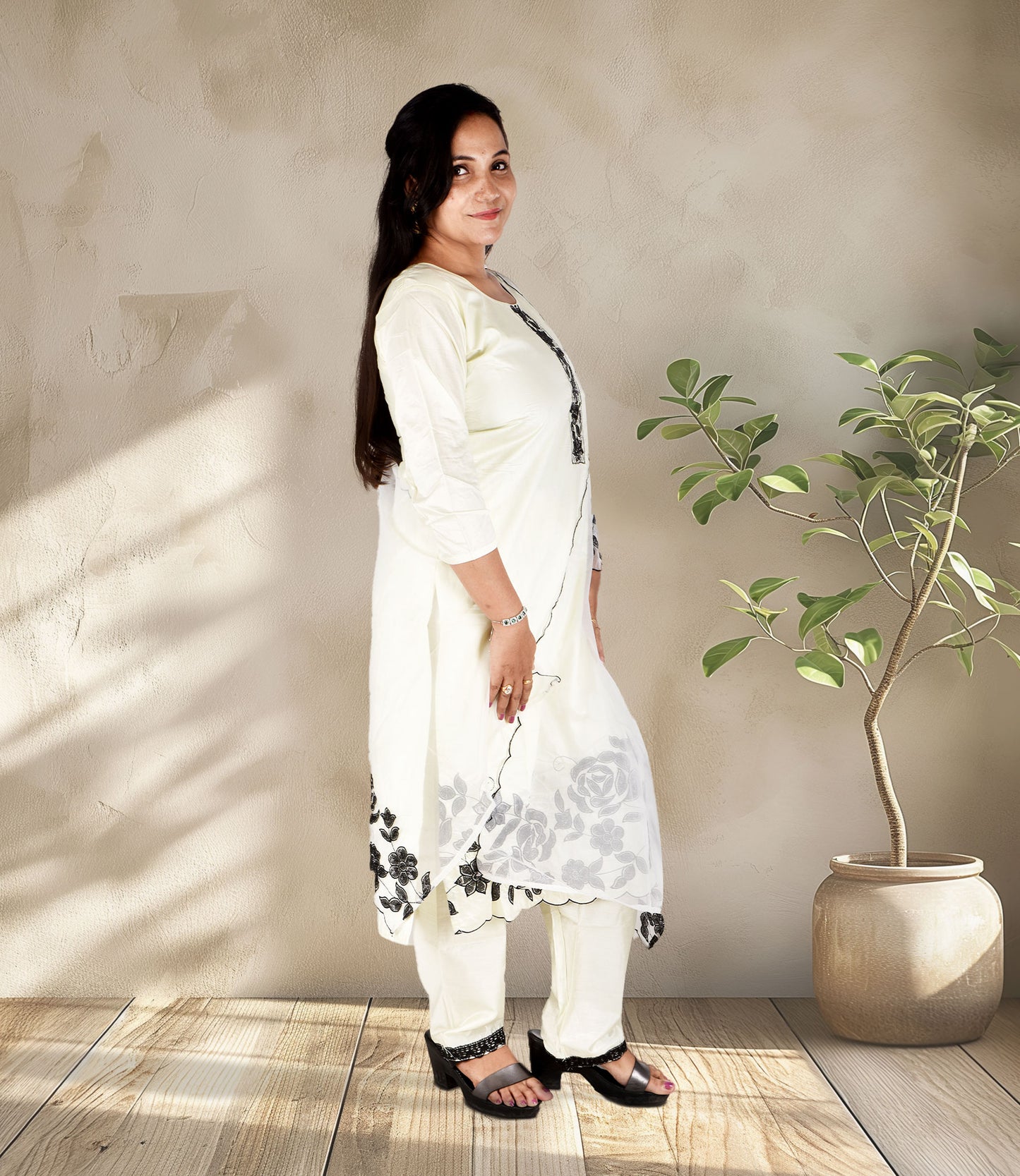 Off-White Full Sequence Work Kurta with Dupatta Set