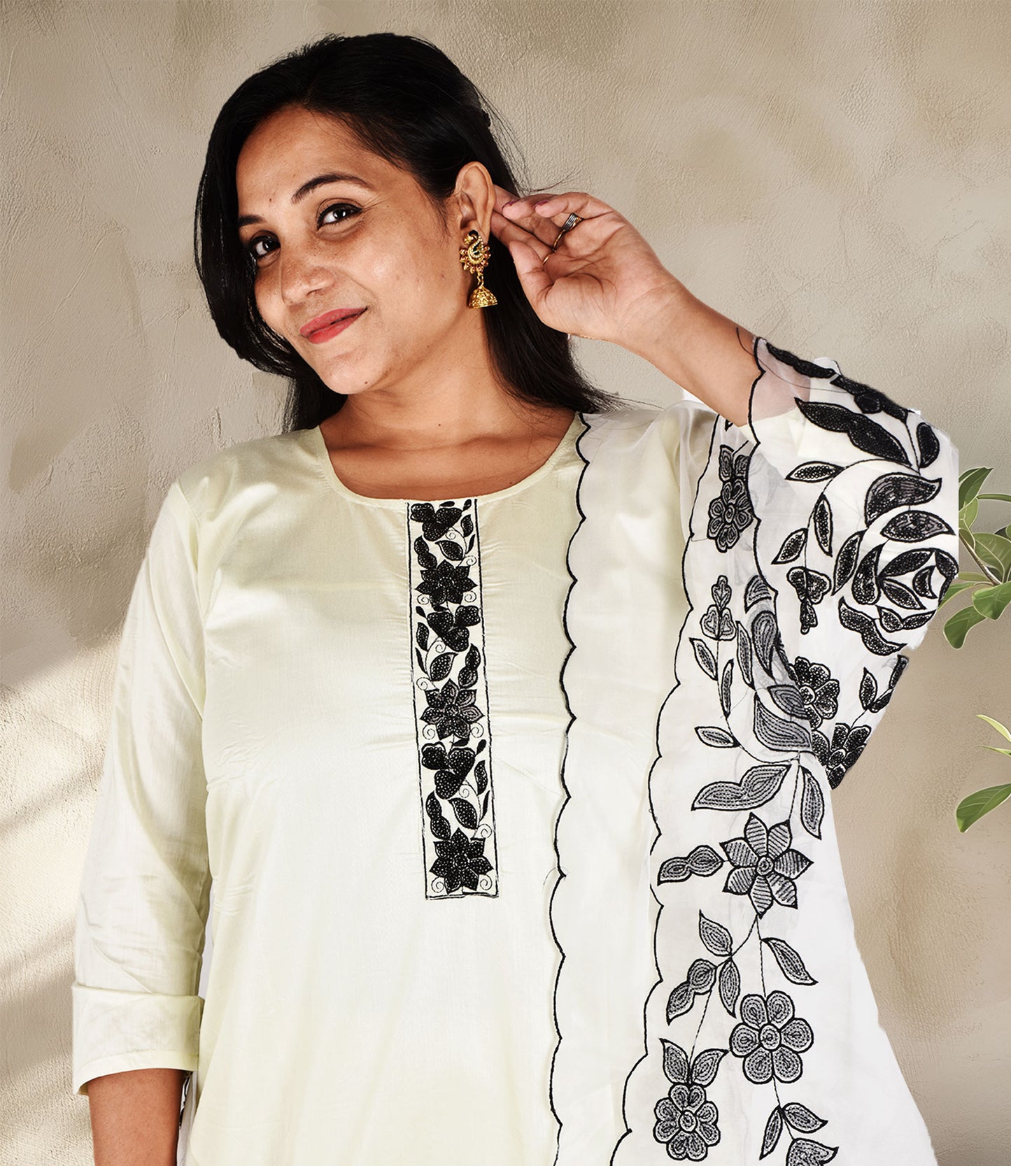 Off-White Full Sequence Work Kurta with Dupatta Set
