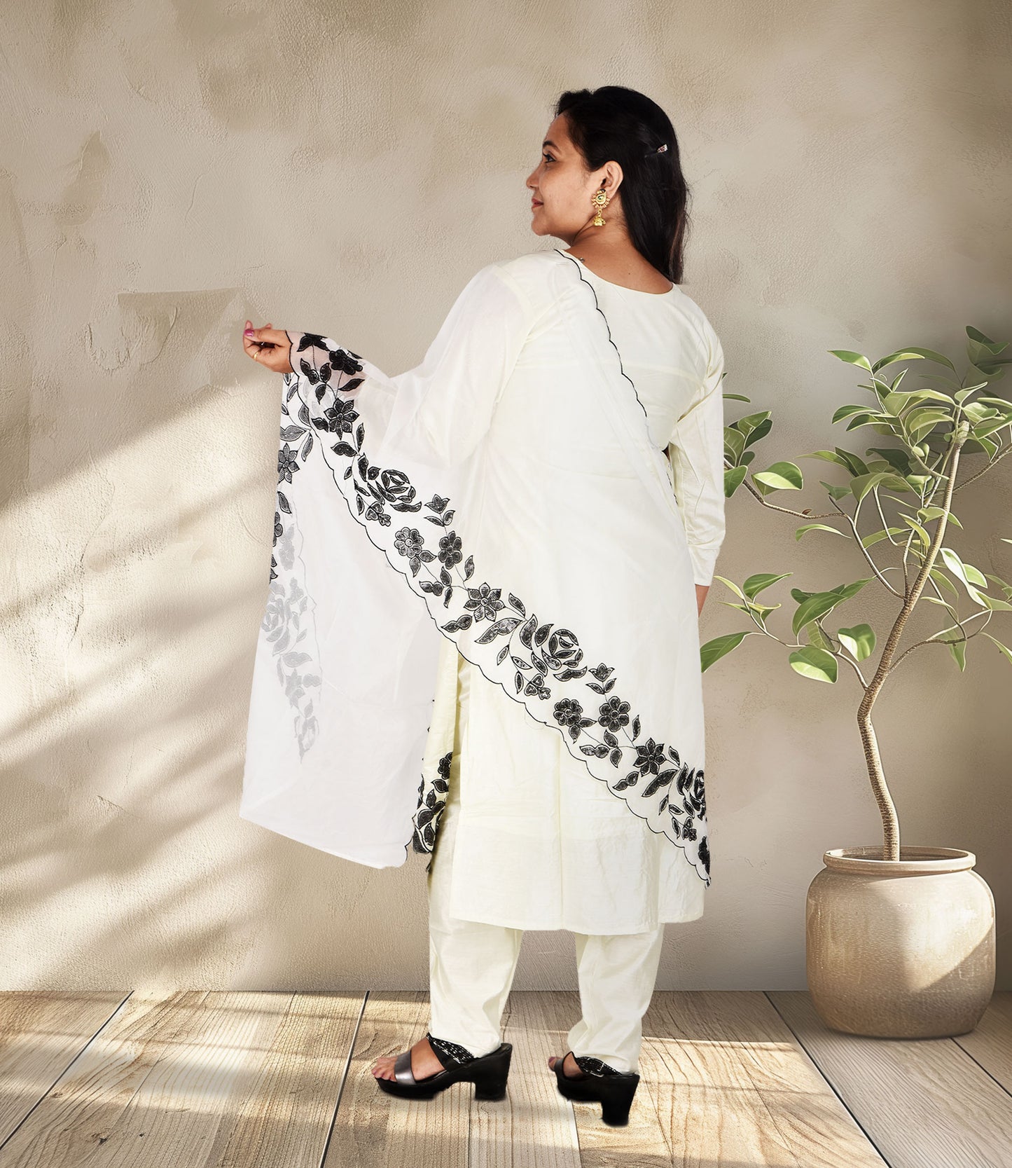 Off-White Full Sequence Work Kurta with Dupatta Set
