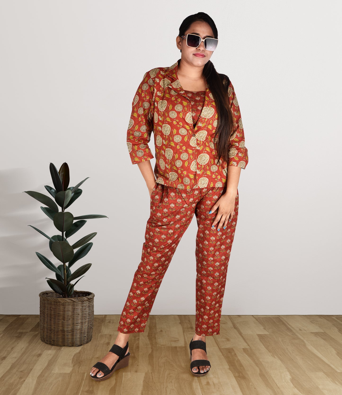 Red Pure Cotton 3-Piece Co-ord Set