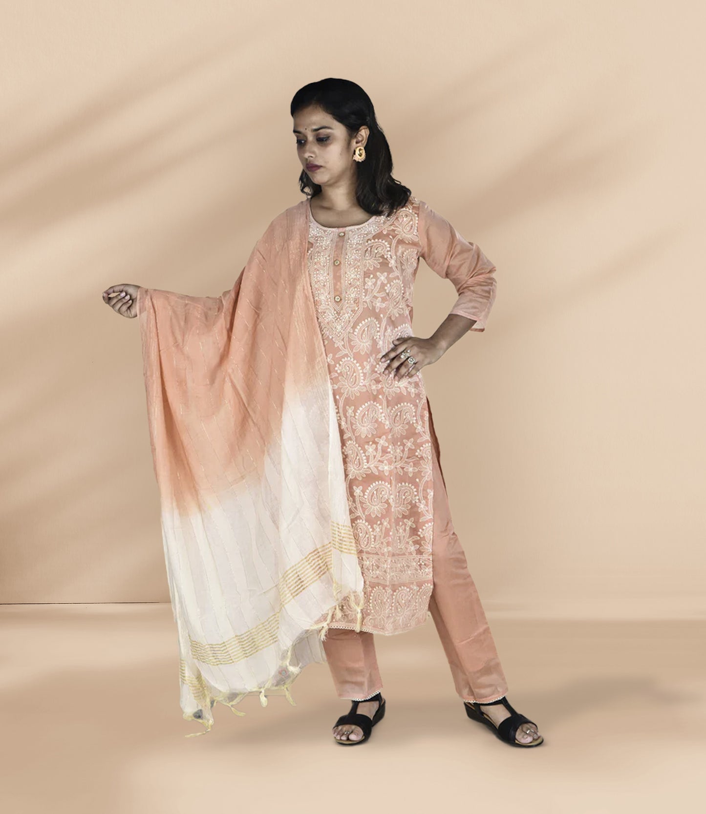 Peach Embroidered Kurta with Trousers and Dupatta