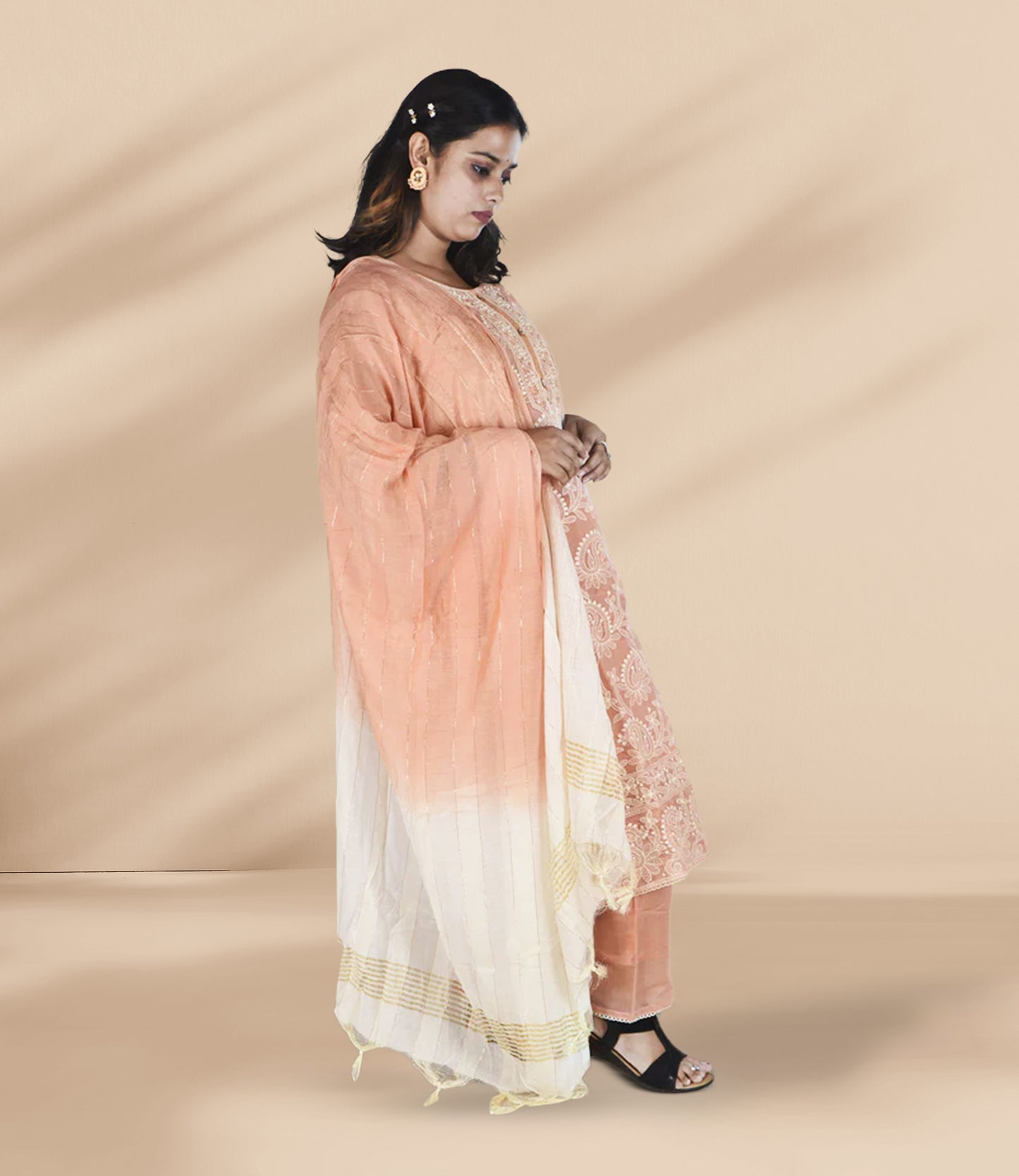 Peach Embroidered Kurta with Trousers and Dupatta