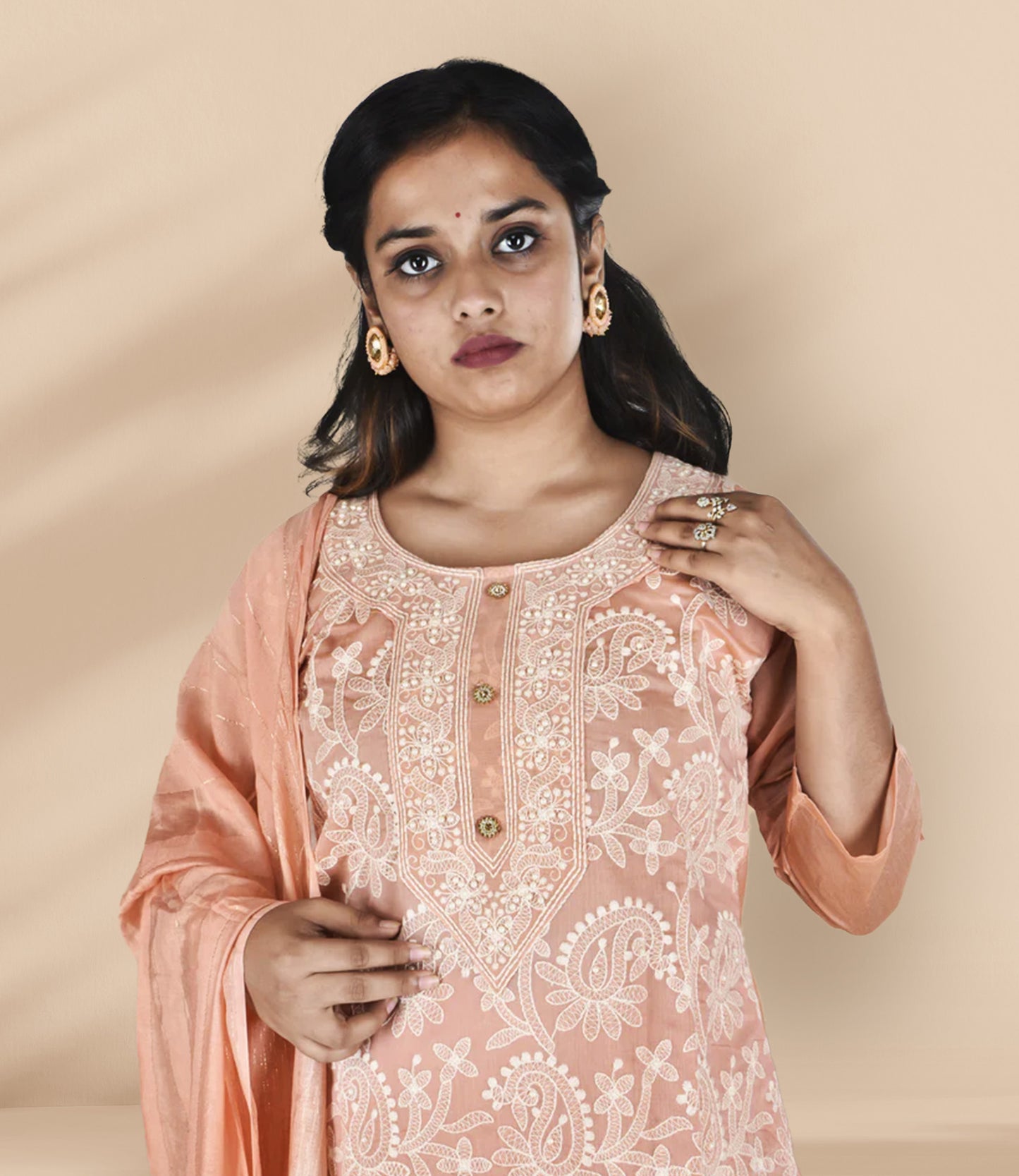 Peach Embroidered Kurta with Trousers and Dupatta