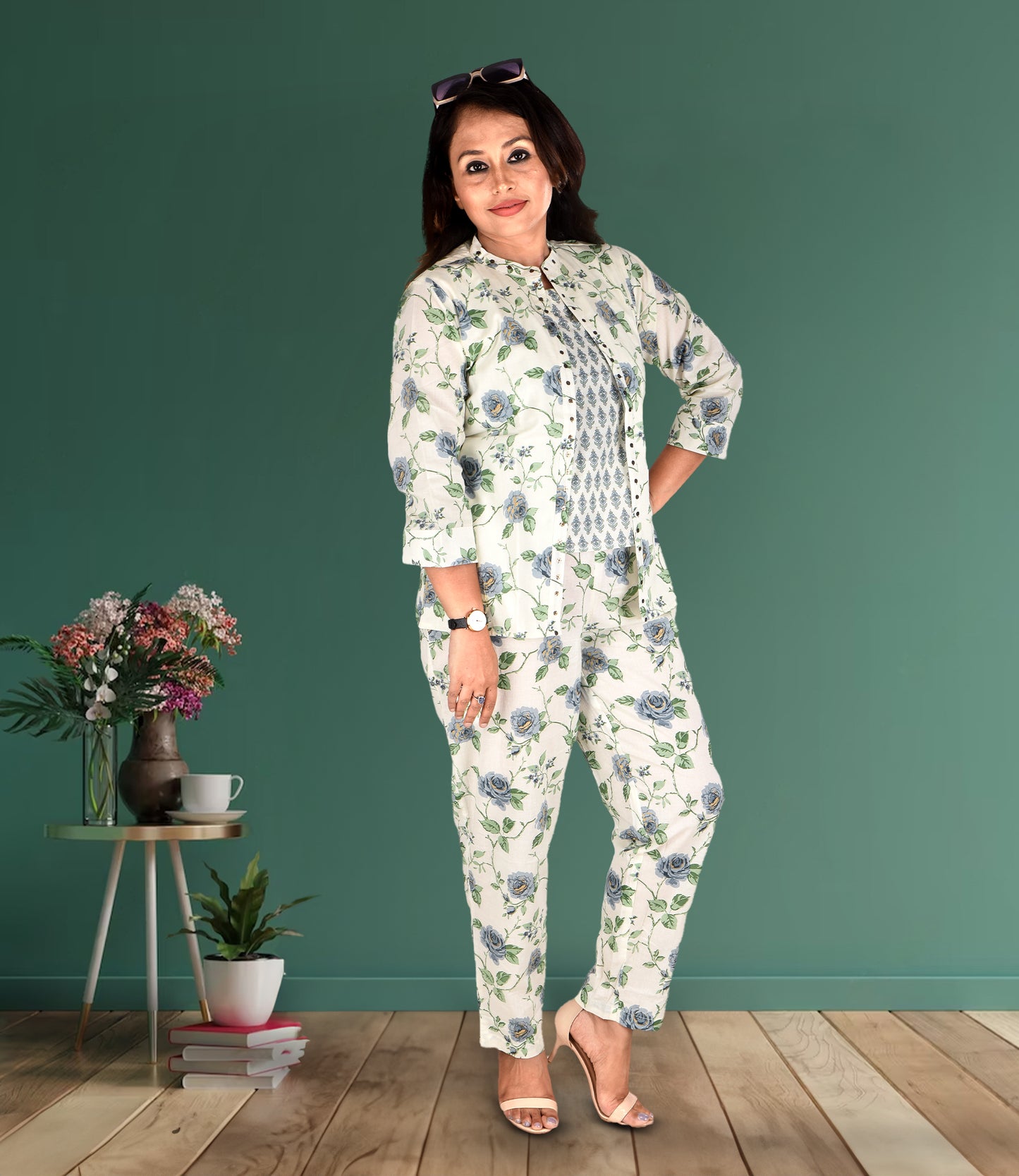 White Base Green Pure Cotton 3-Piece Co-ord Set