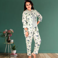 White Base Green Pure Cotton 3-Piece Co-ord Set