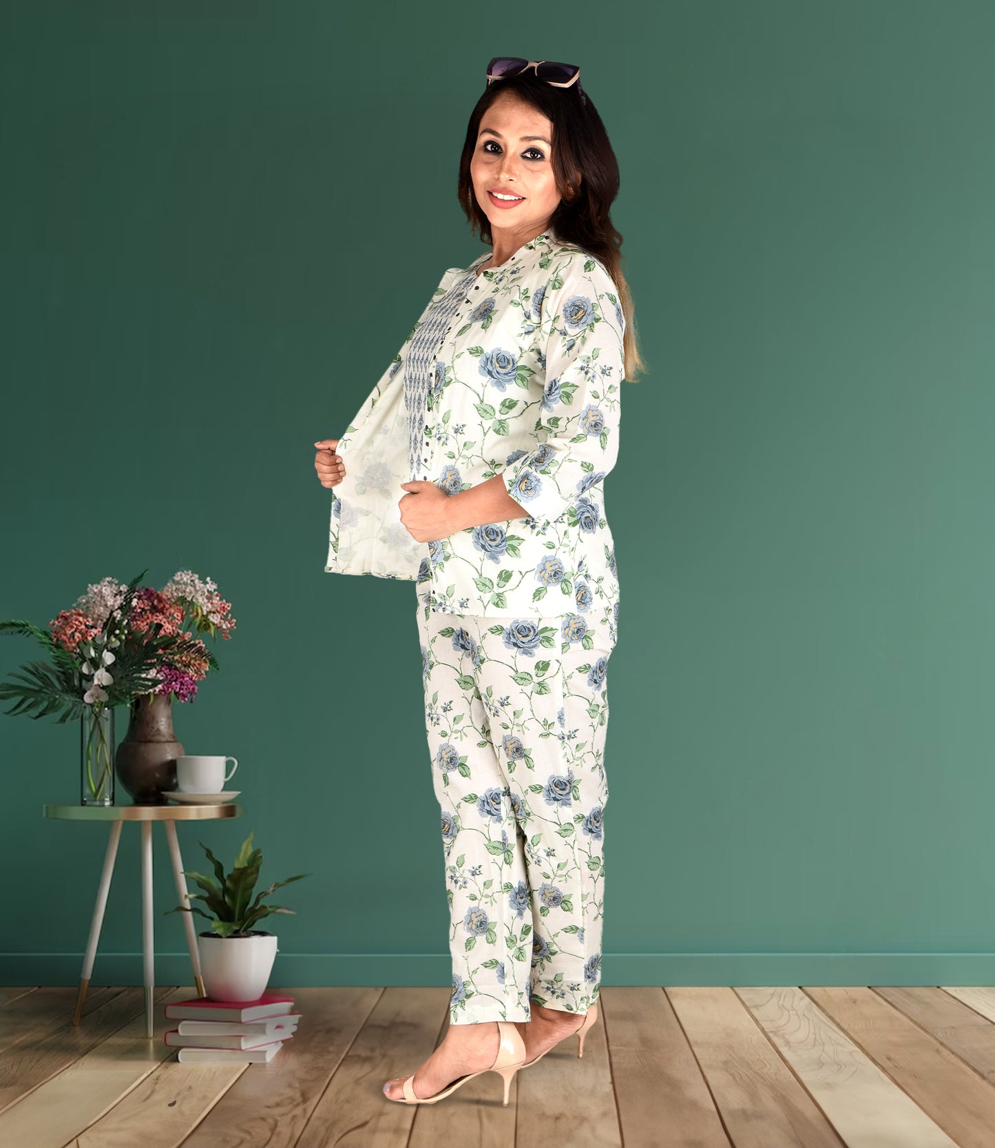 White Base Green Pure Cotton 3-Piece Co-ord Set