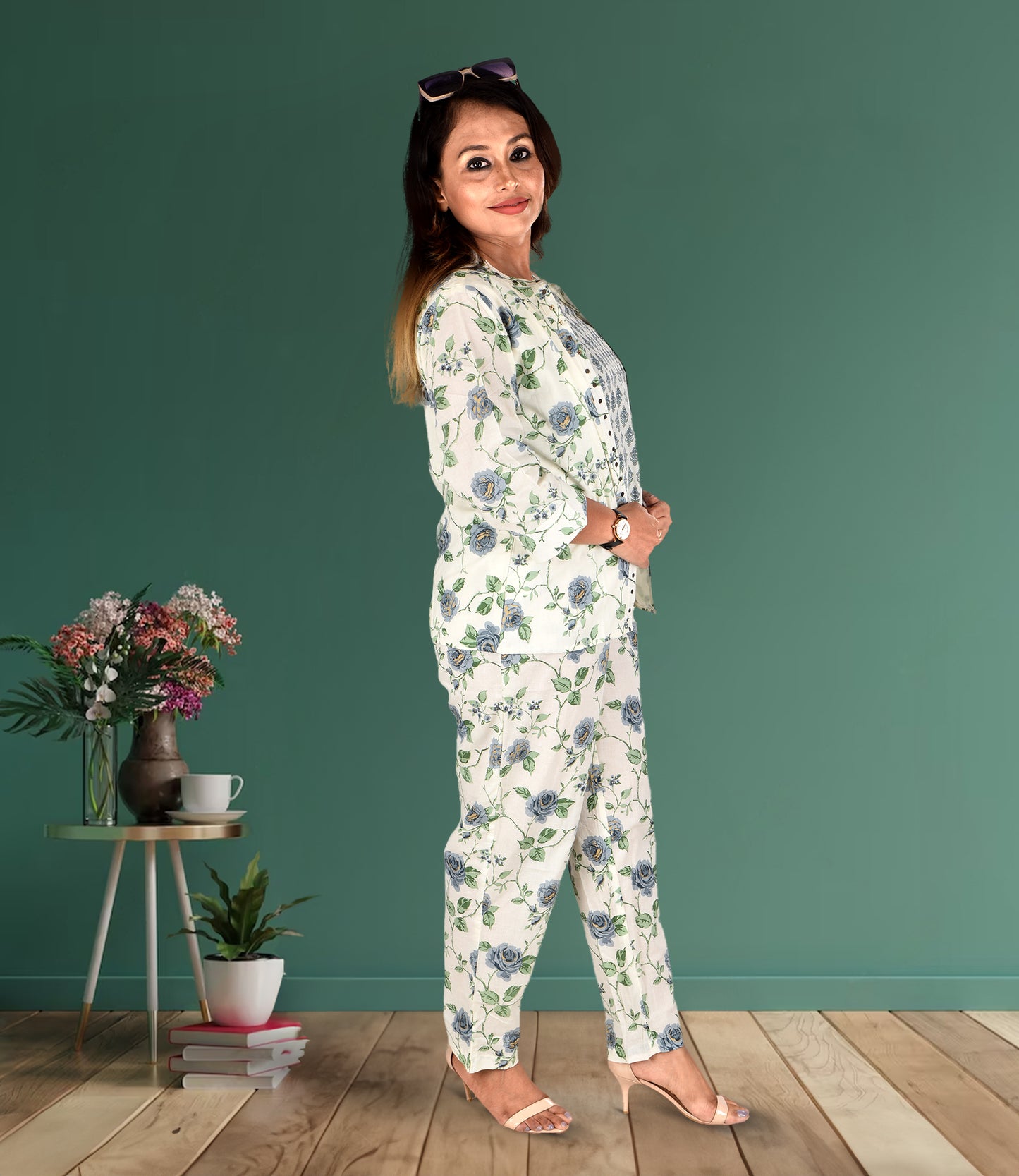 White Base Green Pure Cotton 3-Piece Co-ord Set