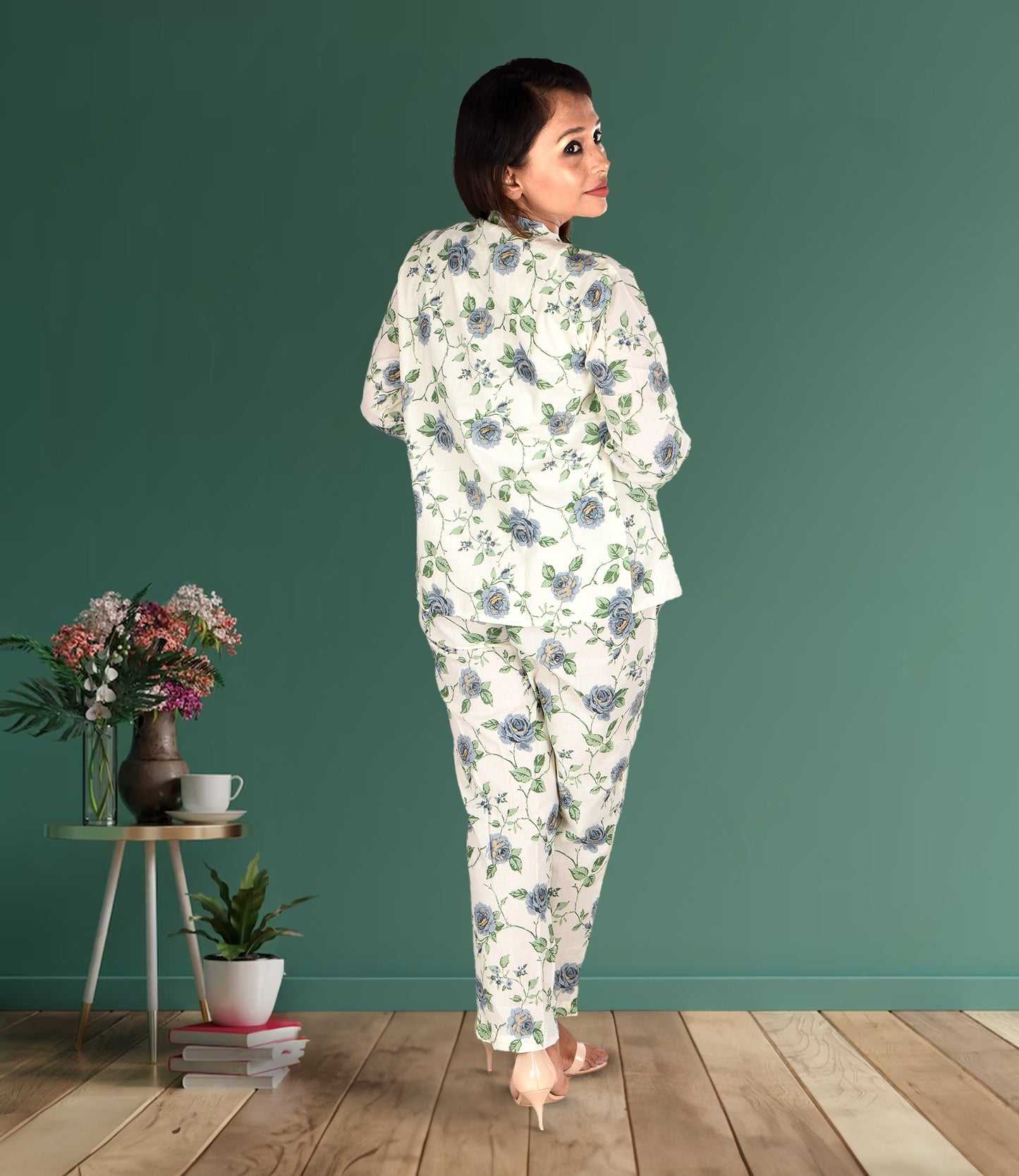 White Base Green Pure Cotton 3-Piece Co-ord Set