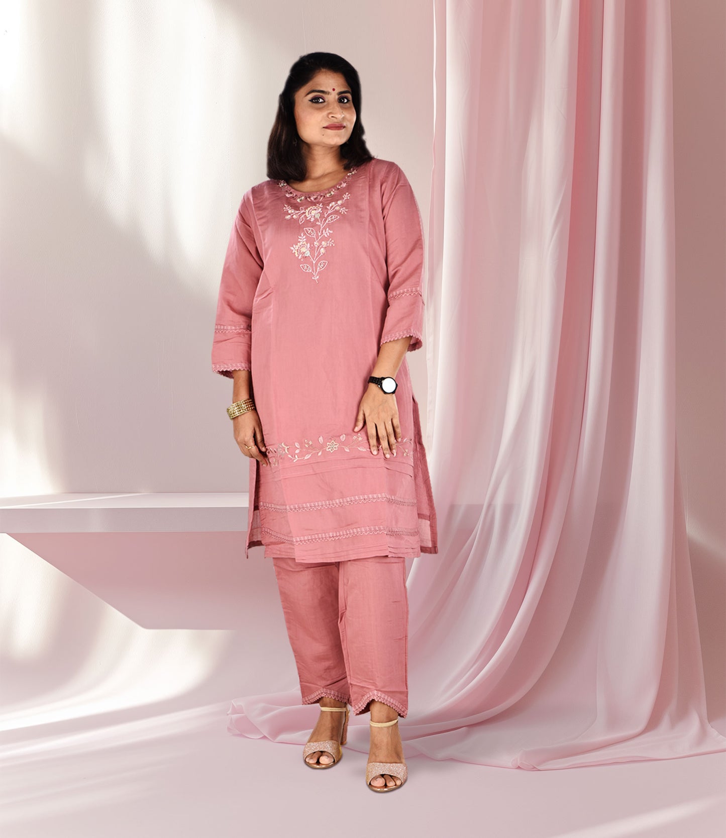Peach Top and Trousers with Glass Bead Handiwork and Tulip-Cut Trousers