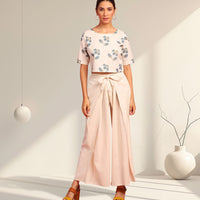 Cream Cotton Flex Floral Print Crop Top with Palazzo