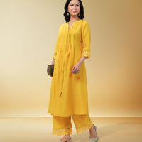 Yellow Muslin Solid Pleated A-Line Kurta Set