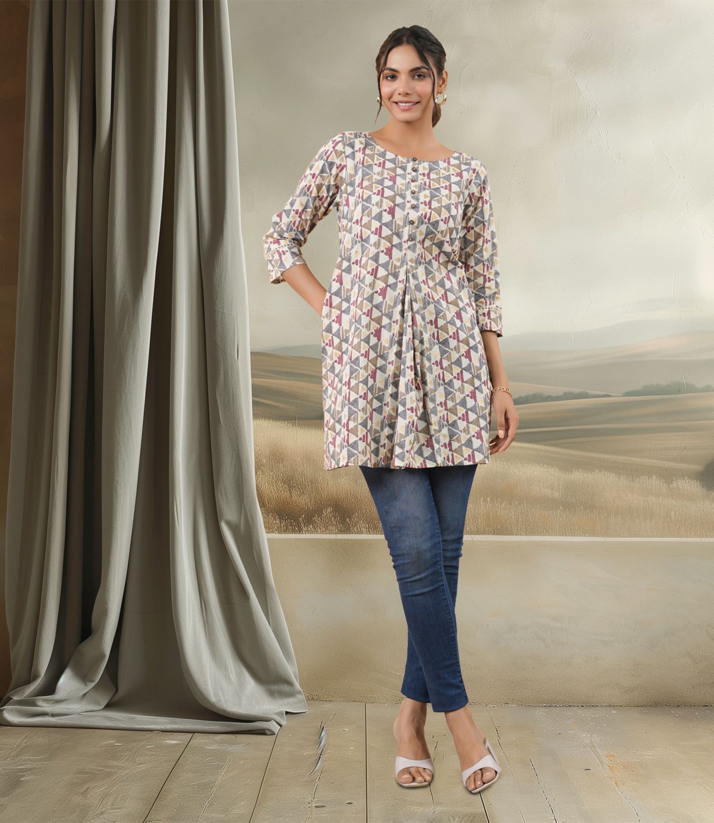 Off White Cotton Geometric Regular Tunic