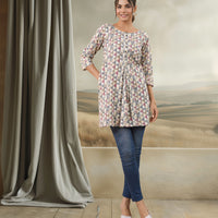 Off White Cotton Geometric Regular Tunic