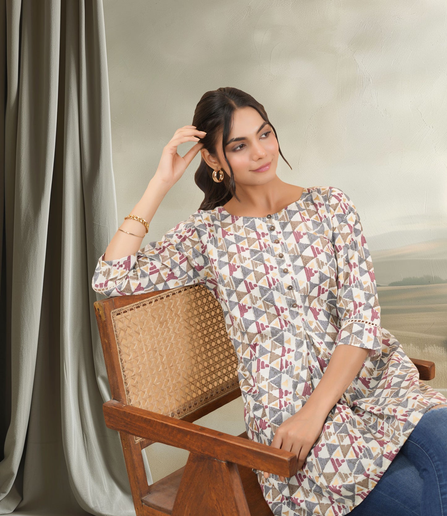 Off White Cotton Geometric Regular Tunic