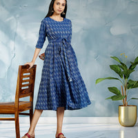 Blue Cotton Woven Design Flared Western Dress