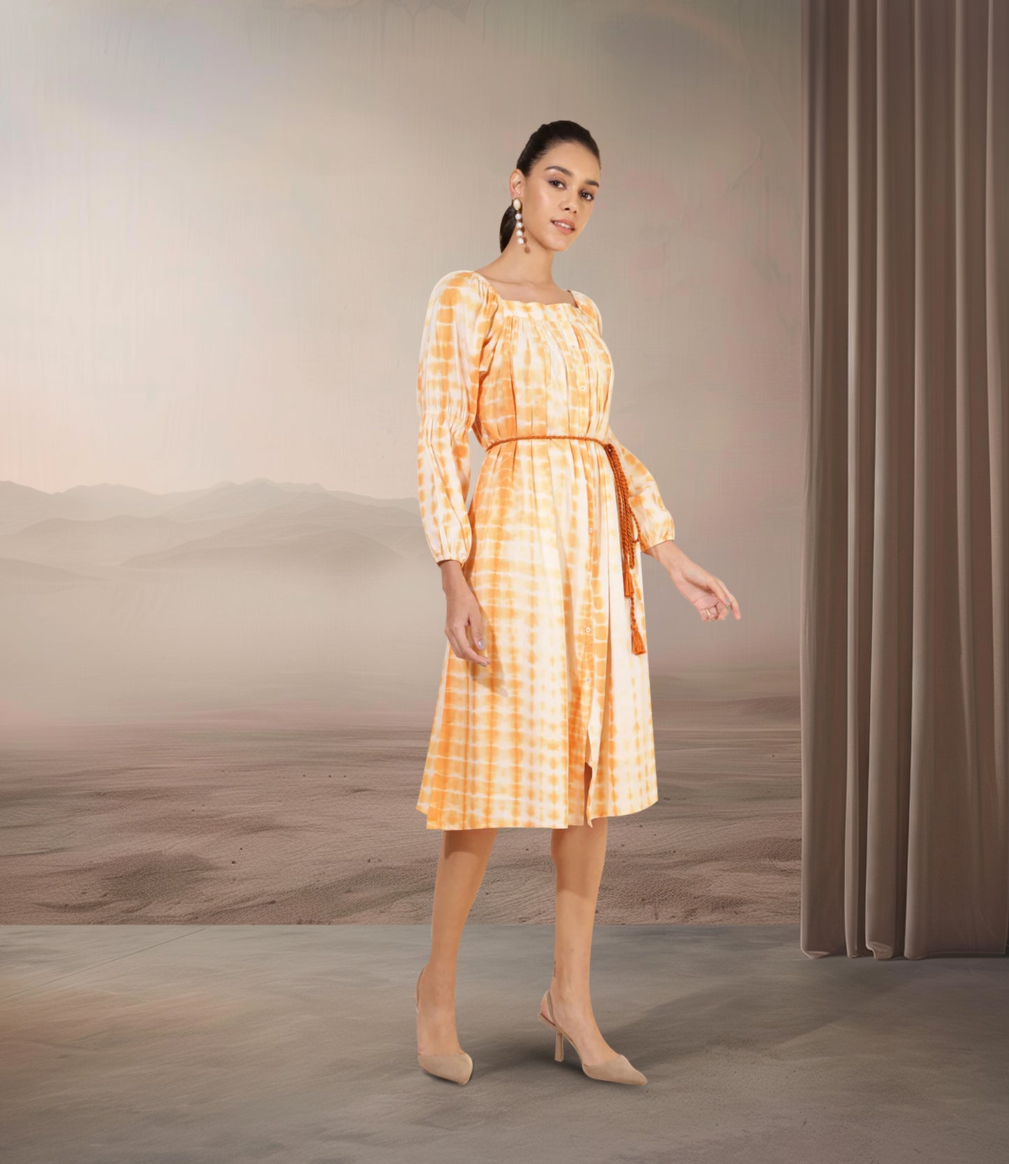 Off White Cotton Tie Dye A-line Dress