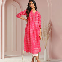 Pink Cotton Woven Design Gathered Kurta