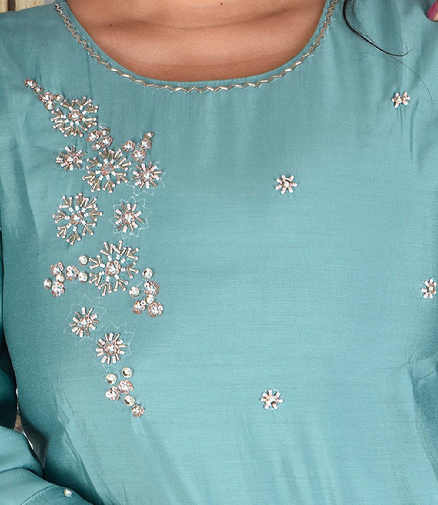 Blue Muslin Top and Trousers with Glass Bead Handwork and an Up-Down Cut