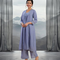 Blue Muslin Yoke Embroidery Panelled Kurta Set