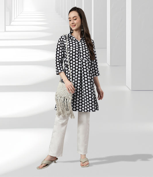 Black Cotton Polka Print A-Line Tunic