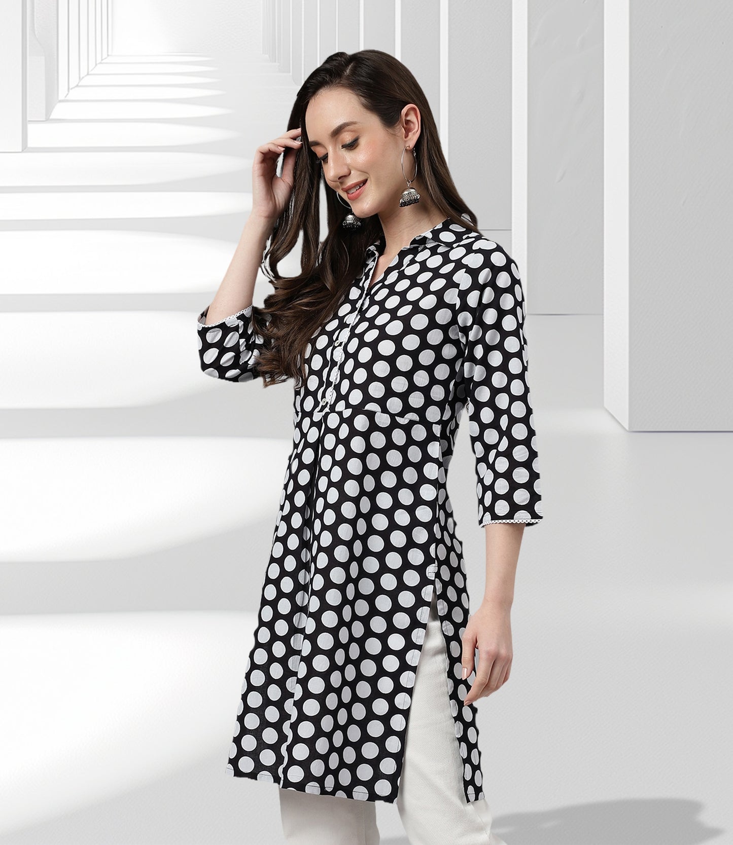 Black Cotton Polka Print A-Line Tunic