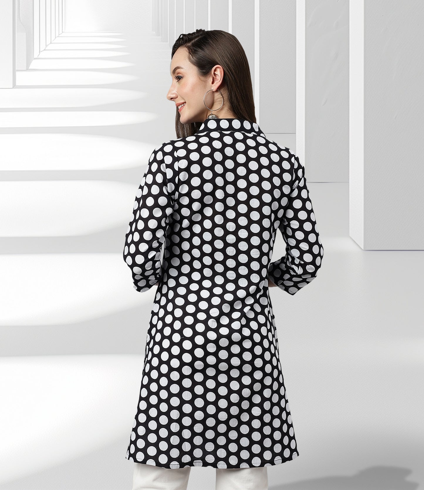 Black Cotton Polka Print A-Line Tunic