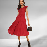 Red Cotton Dobby Solid Tiered Western Dress