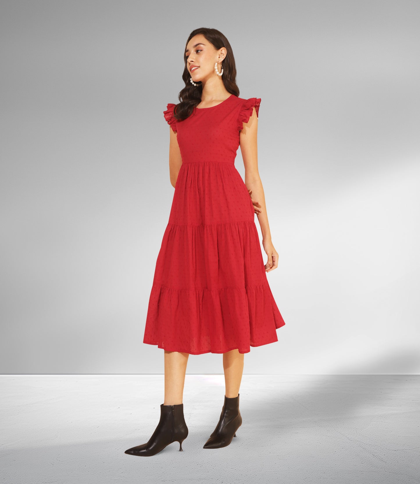 Red Cotton Dobby Solid Tiered Western Dress