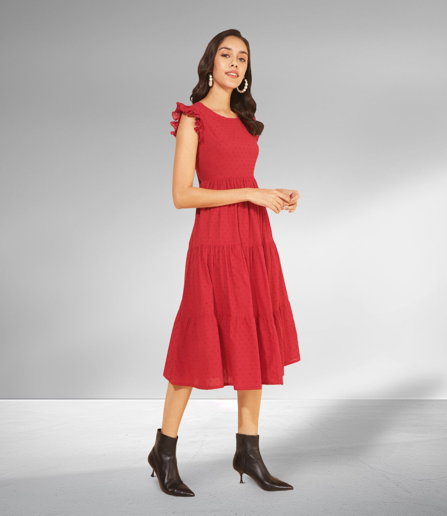 Red Cotton Dobby Solid Tiered Western Dress