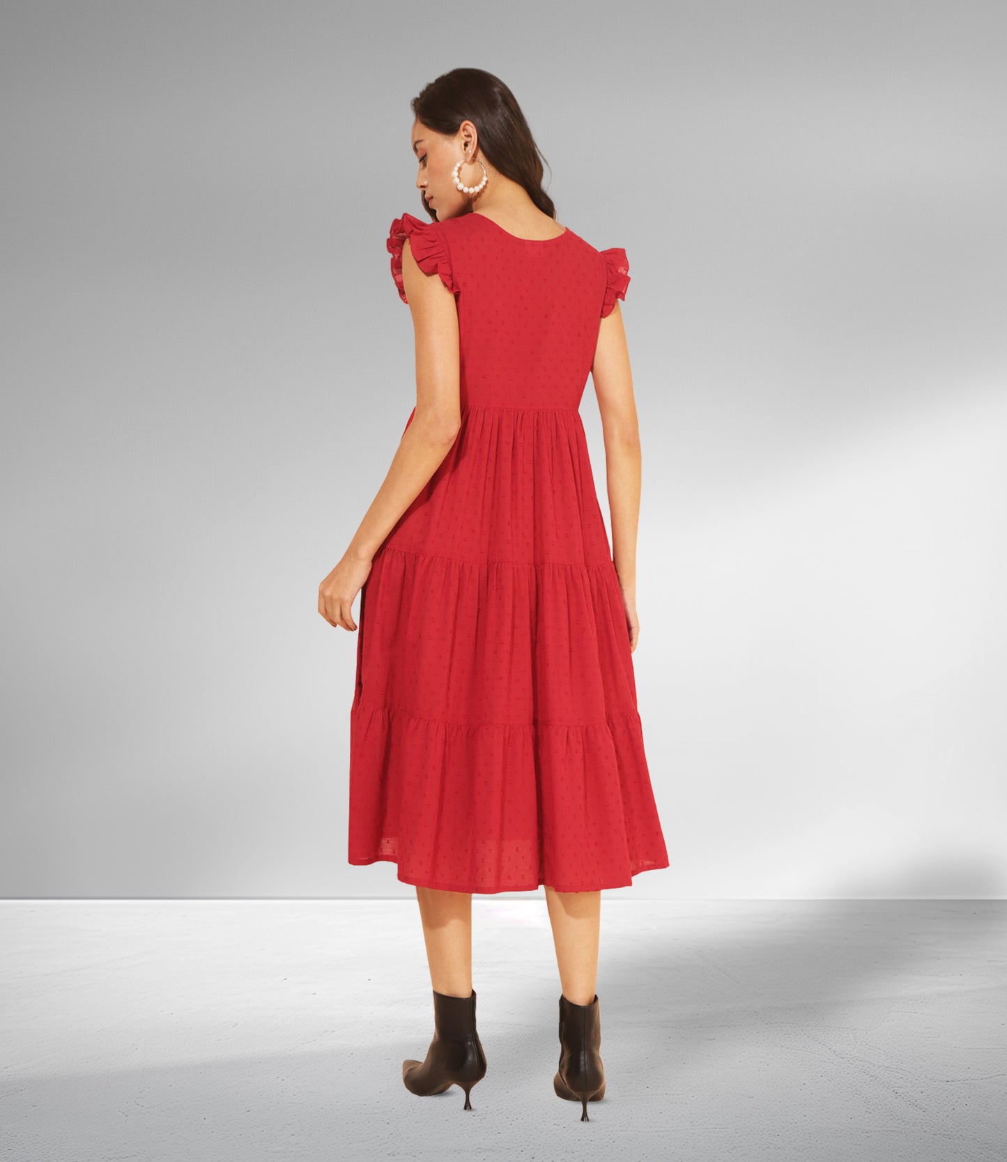 Red Cotton Dobby Solid Tiered Western Dress