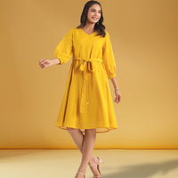 Yellow Dobby Cotton Self Design A-Line Dress