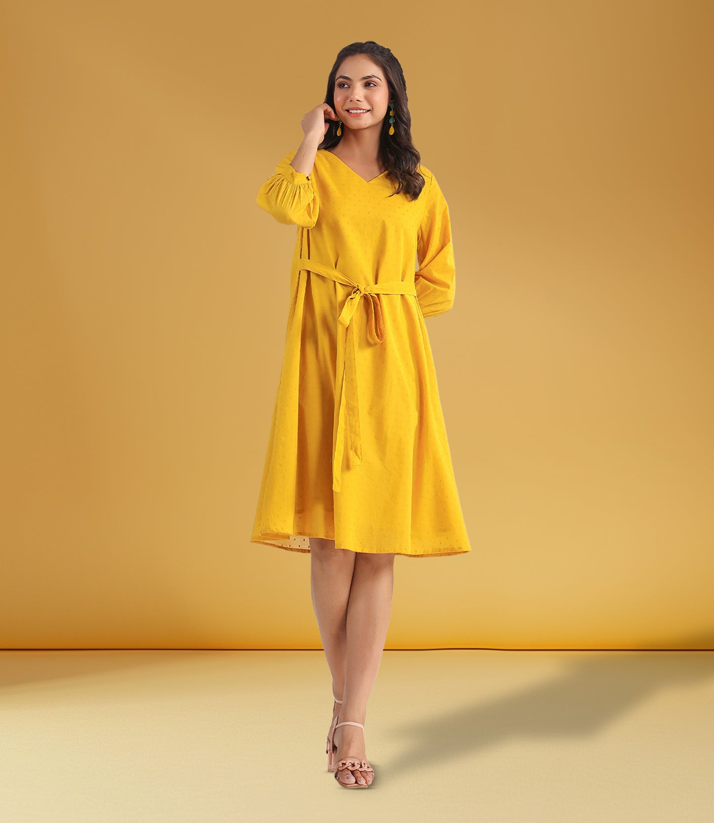 Yellow Dobby Cotton Self Design A-Line Dress