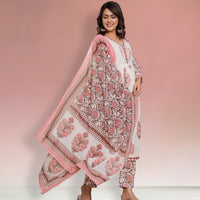 White and Pink Floral Cotton Kurta Set