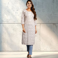 White Printed Cotton Straight Kurta