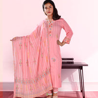 Rose Pink Embroidered Kurta with Trousers and Dupatta