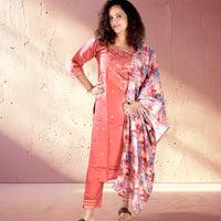 Red Rust Embroidery Kurta with Trousers and Dupatta