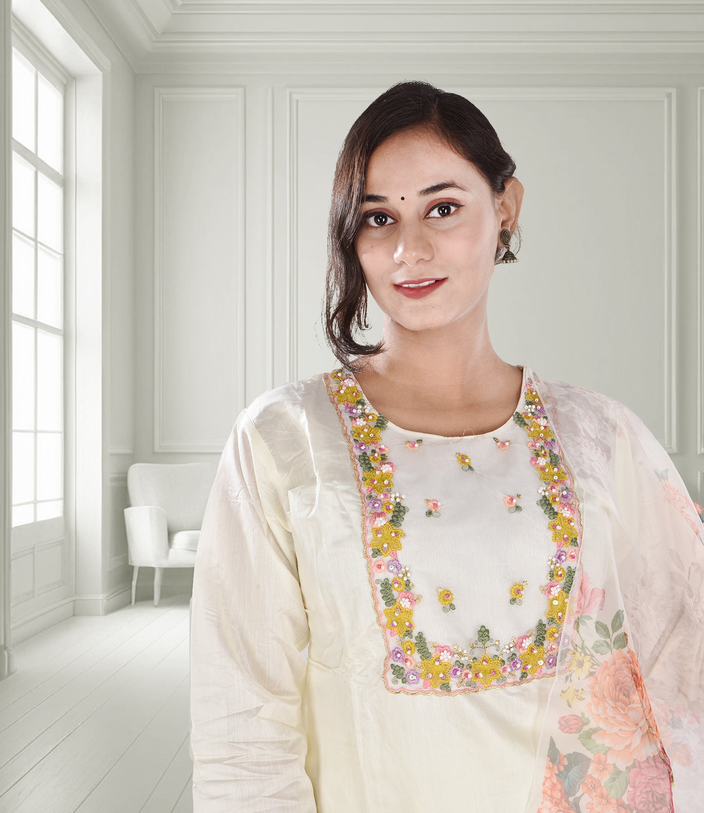 Cream Multi-Colored Floral Print Kurta Set