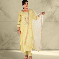 Yellow Embroidered Kurta with Trousers and Dupatta