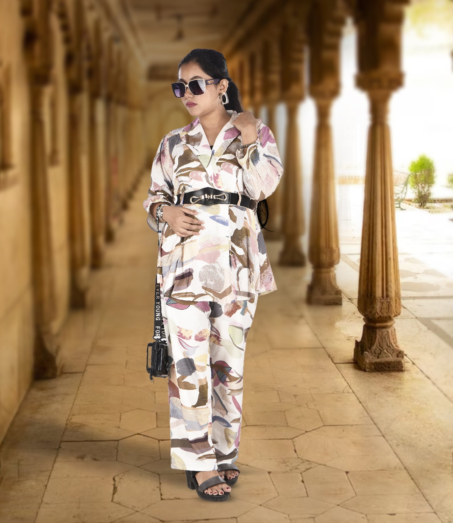 White Multicolor Flower Print Co-ord Set (2-Piece Set) with Detachable Belt