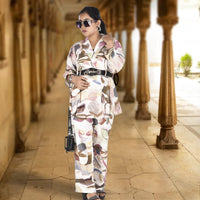 White Multicolor Flower Print Co-ord Set (2-Piece Set) with Detachable Belt