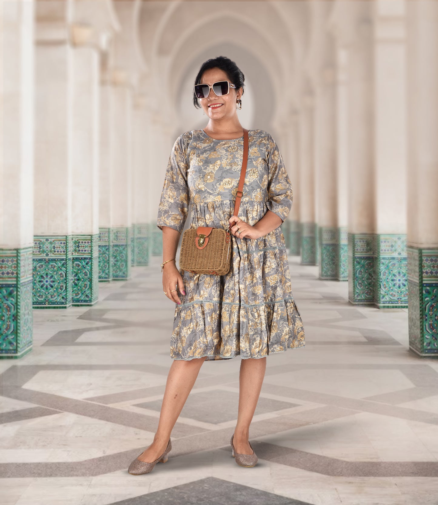 Grey Floral Print Knee Length Dress with Sequin Work
