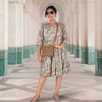 Grey Floral Print Knee Length Dress with Sequin Work