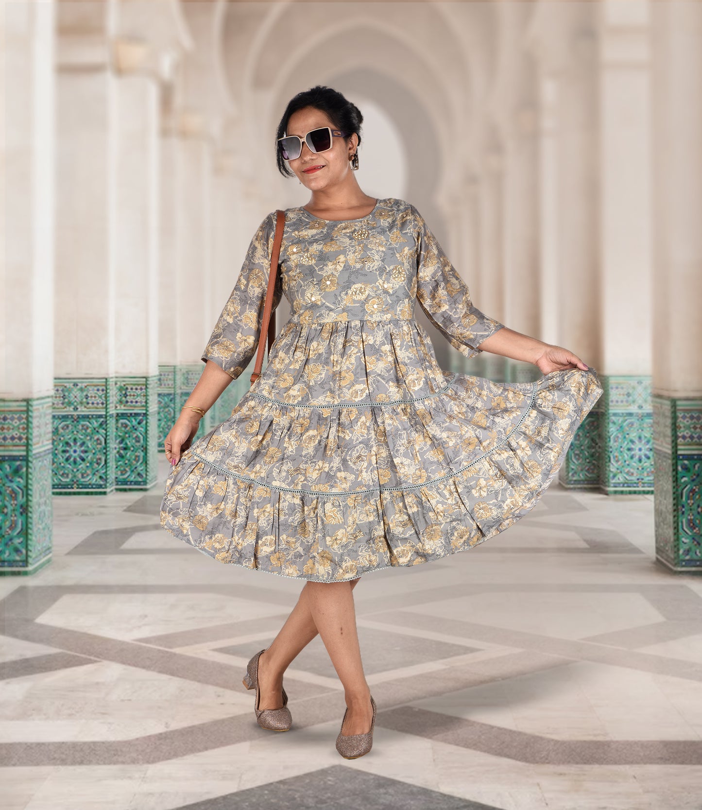 Grey Floral Print Knee Length Dress with Sequin Work