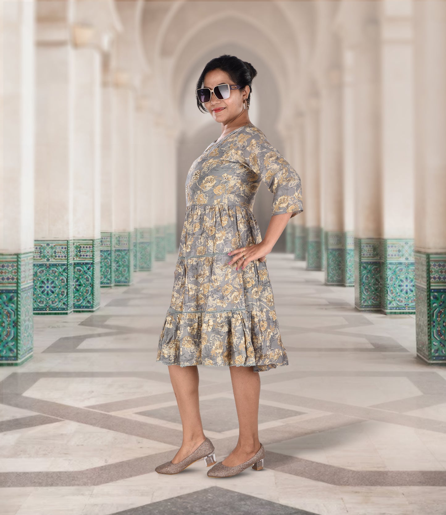 Grey Floral Print Knee Length Dress with Sequin Work
