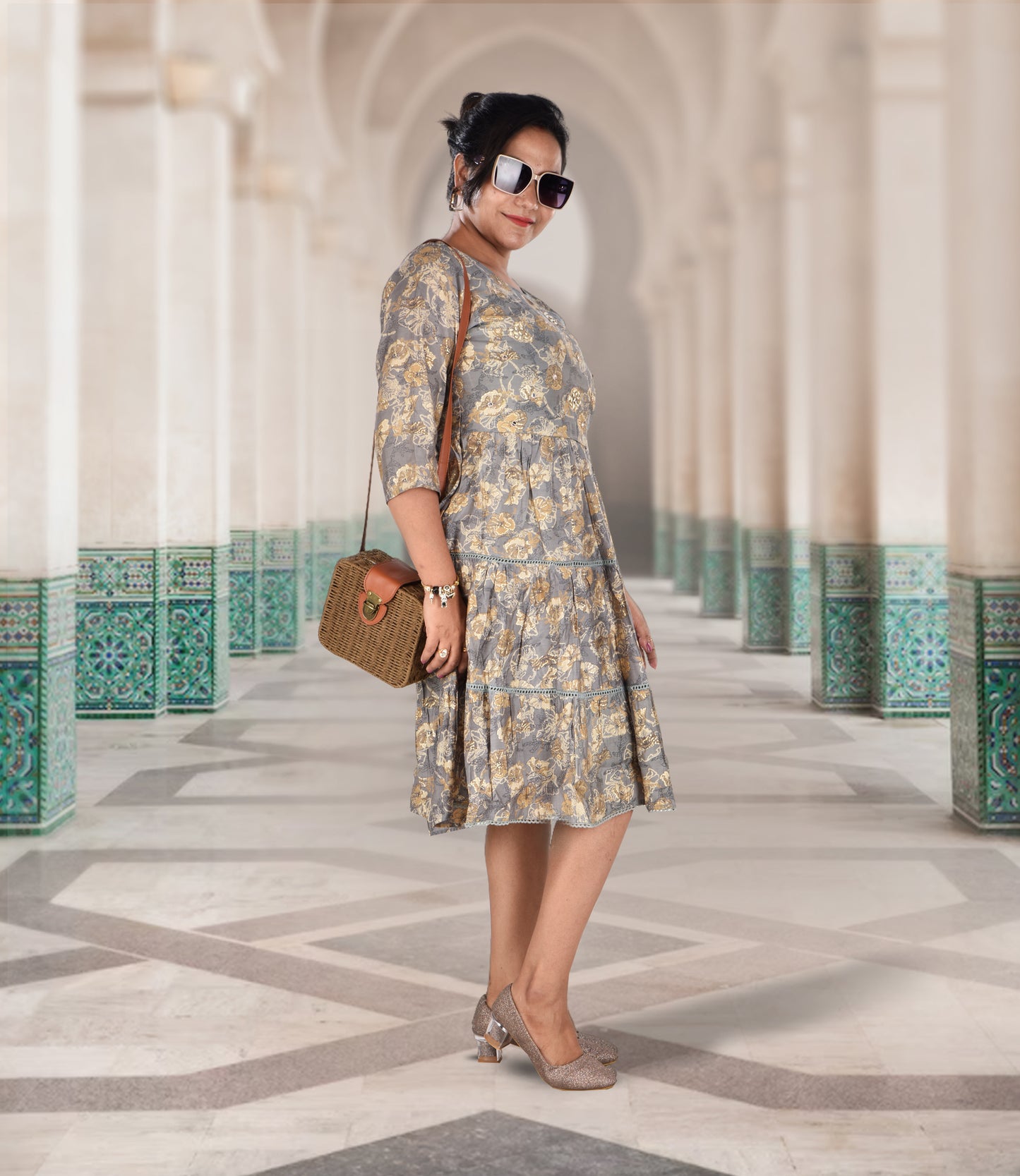 Grey Floral Print Knee Length Dress with Sequin Work