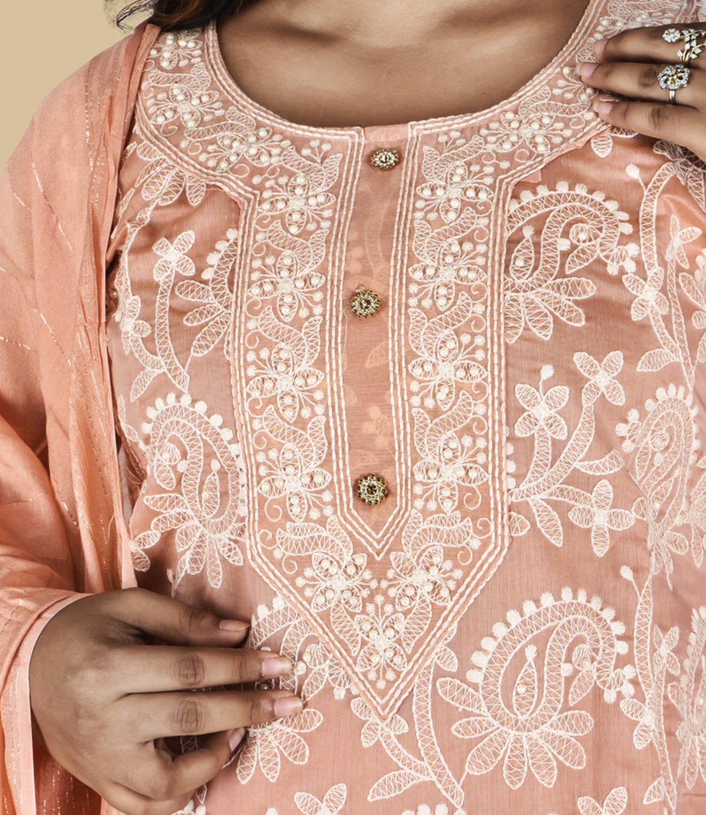 Peach Embroidered Kurta with Trousers and Dupatta
