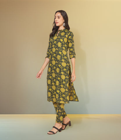 Dark Green Cotton Floral Straight Co-ord Set