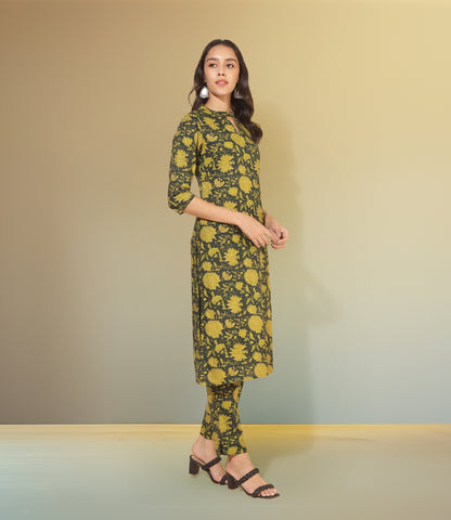 Dark Green Cotton Floral Straight Co-ord Set