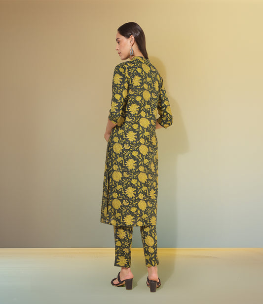 Dark Green Cotton Floral Straight Co-ord Set