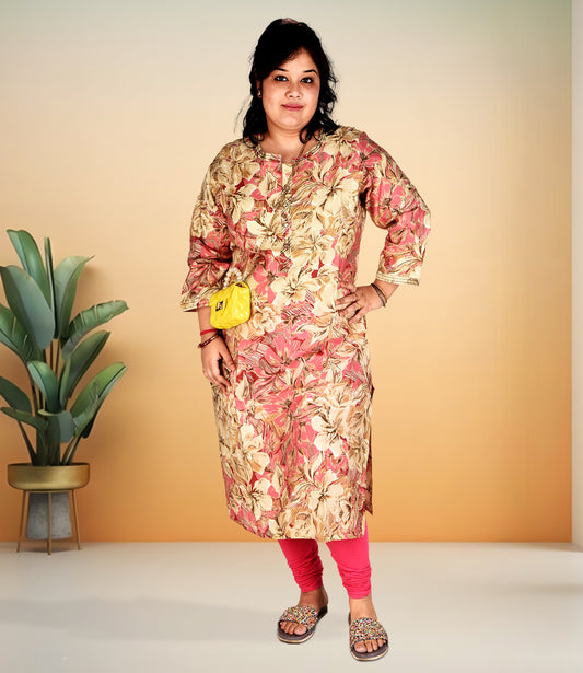 Multi Colored Floral Print Plus Size Muslin Kurti with Lemon Yellow Accents